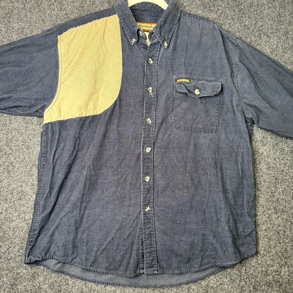 VTG Remington Shirt Blue Corduroy Shooting Patch Hunting Button Down Mens XL